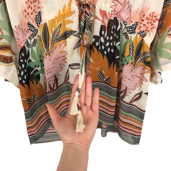 DR2 Floral Print Kimono Cardigan Size M/L Tie Front Coverup Tropical Boho Artsy - Picture 4 of 11